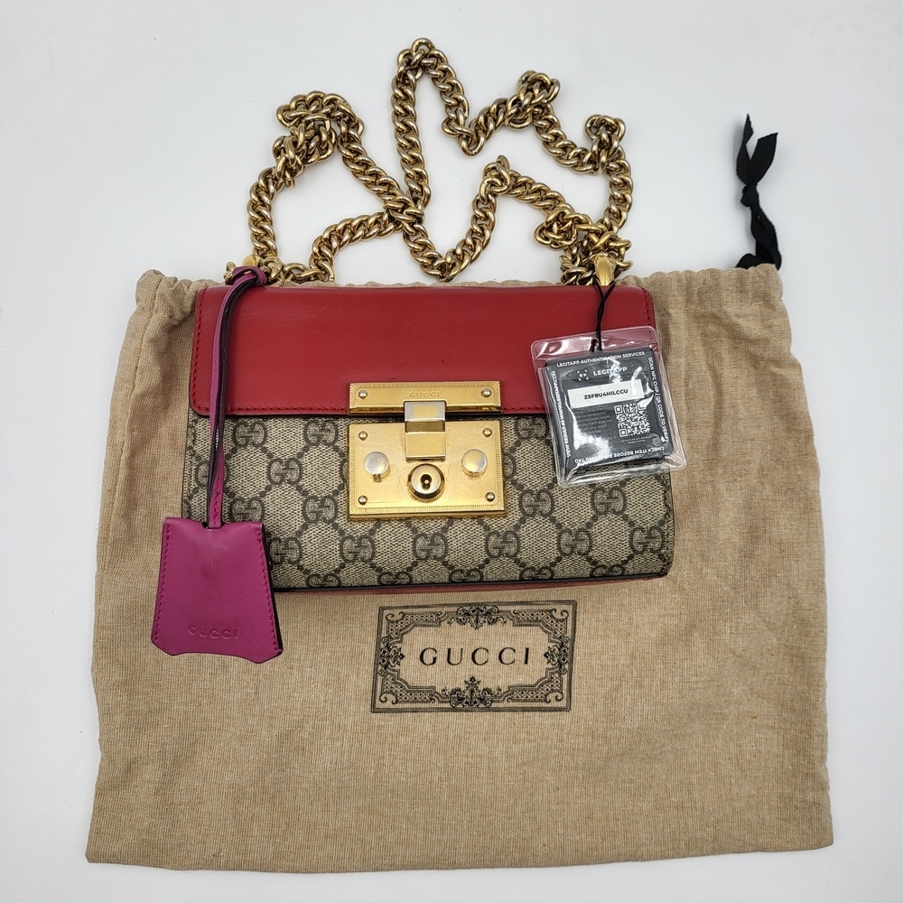 GUCCI GG Supreme Monogram Calfskin Small Padlock Bag Beige Hibiscus Red, W/COA. - Picture 1 of 16
